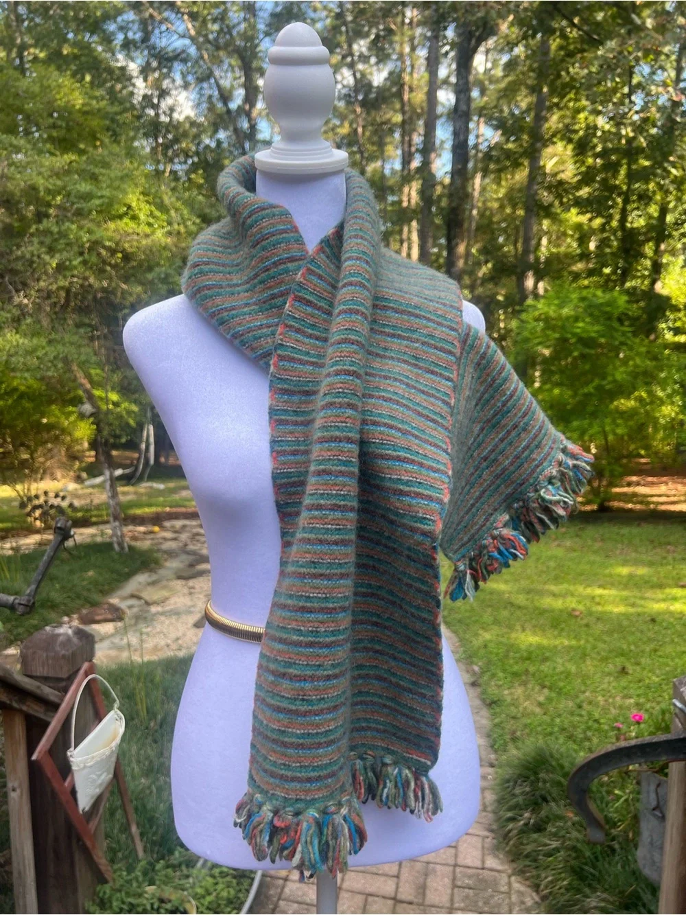 Vintage 100% Lambswool Striped Scarf Multicolor Fringe Made Hong Kong